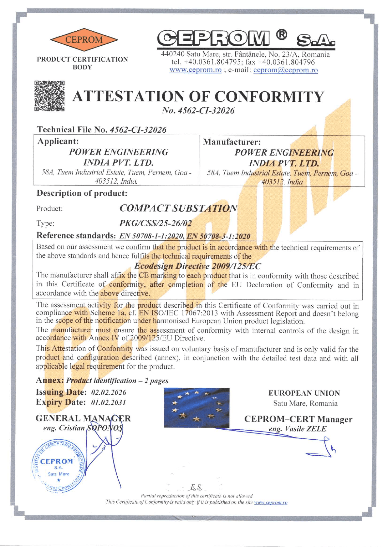 CE certificate: Compact Substation, No. 4562-CI-32026