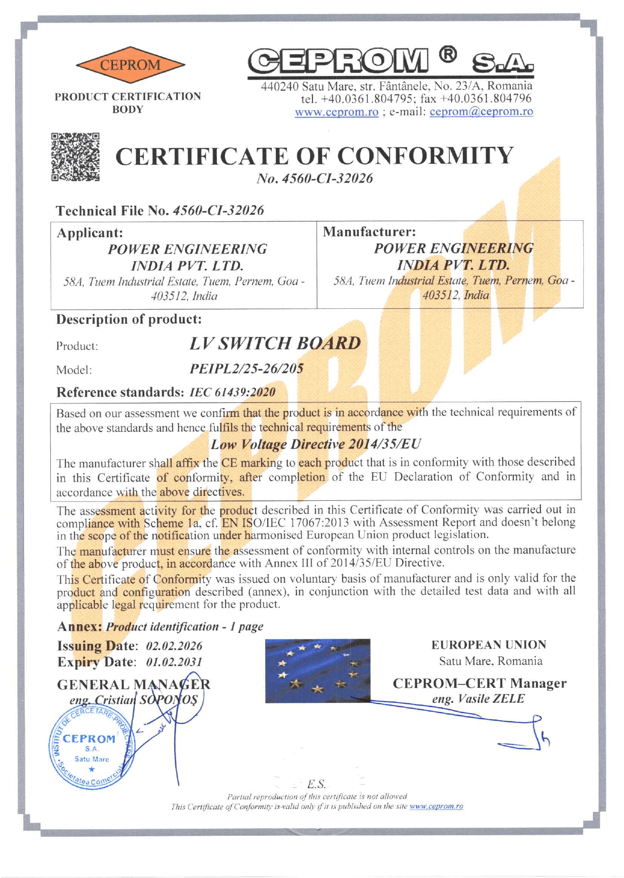 CE certificate: LV Switchboard, No. 4560-CI-32026