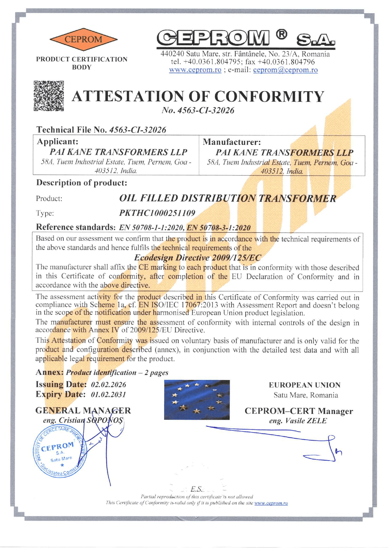 CE certificate: Oil Filled Distribution Transformer, No. 4563-CI-32026