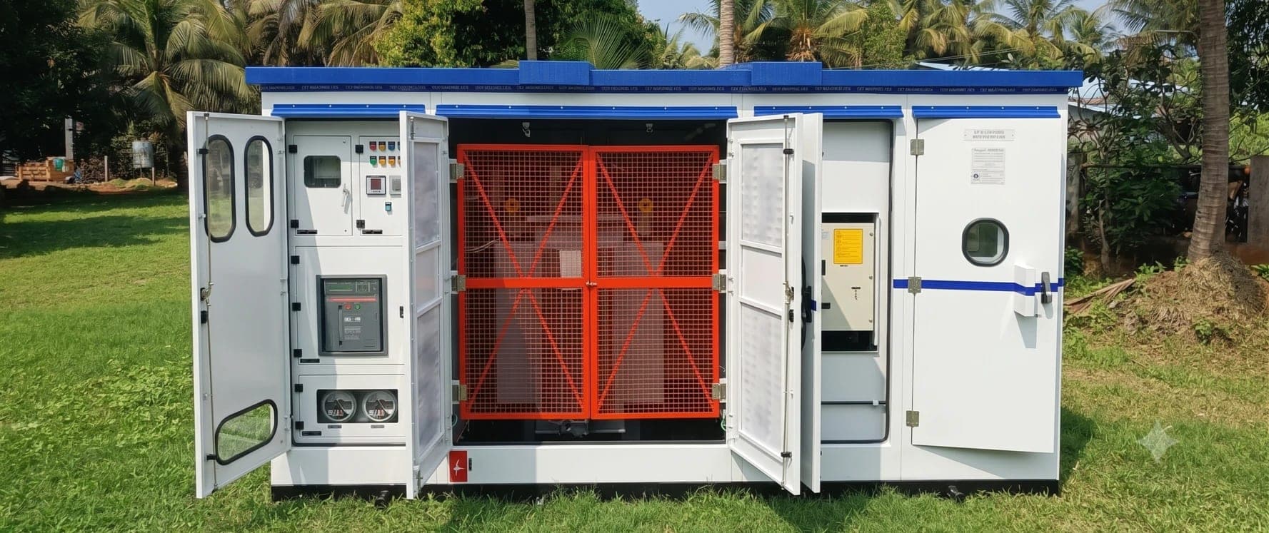 Posto de transformação compacto com as portas abertas